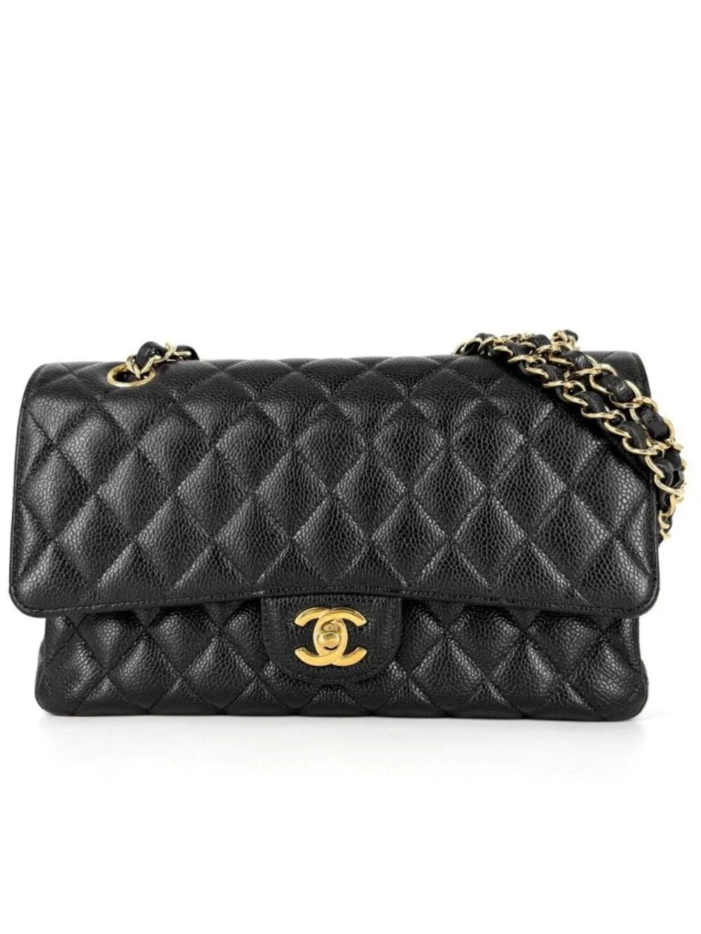 Chanel Shoulder Bag Quilted 25 Double Chain CC Logo Flap Crossbody Caviar